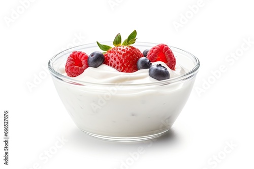 Creamy yogurt in glass bowl over white backdrop