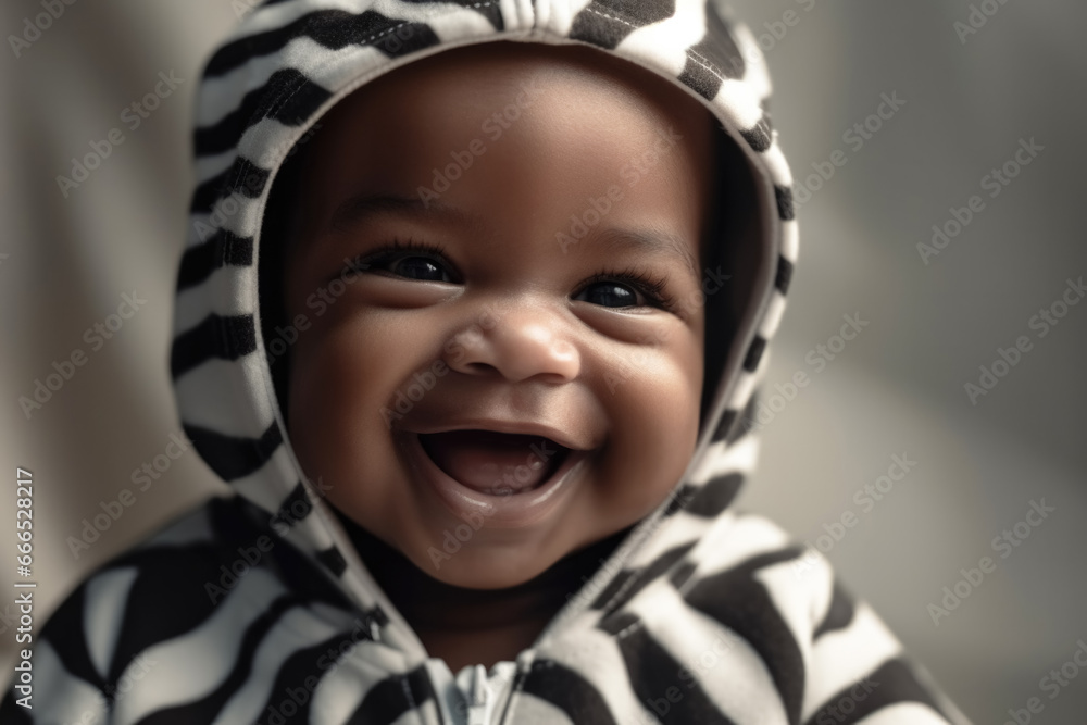 Joyful black baby boy in zebra print hooded outfit Joyful black baby boy in zebra print hooded outfit