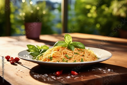 Delicious Italian spaghetti served on rustic wood table viewed from a low angle topped with fresh basil and grated parmesan