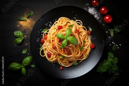 Delicious Italian spaghetti with tomato sauce parmesan cheese and basil on a dark table from a top view horizontally