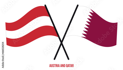 Austria and Qatar Flags Crossed And Waving Flat Style. Official Proportion. Correct Colors.