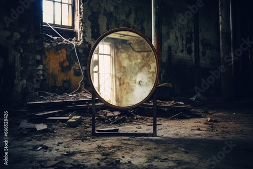 Abandoned building with old dirty shabby wooden mirror and window light
