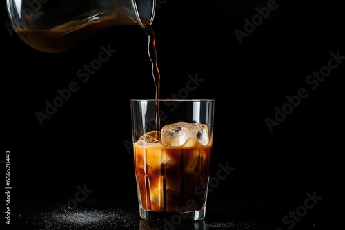 Add milk to glass containing cold brew coffee placed on black background photo