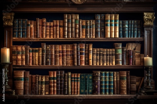 Antiquated books stored in library shelves photo