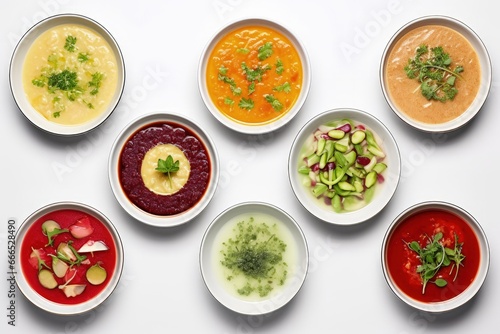 Array of restaurant dishes miso fish soup borscht pea soup mushroom soup gazpacho all isolated top view