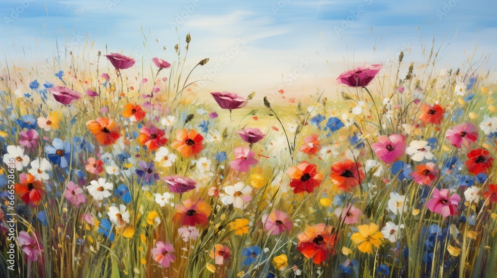 A field of vibrant wildflowers in full bloom, each petal detailed and richly colored. The flowers sway gently in a breeze, creating a dynamic and lively composition.