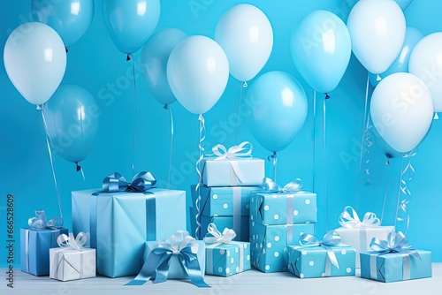 Baby s birthday party with decorations gifts toys balloons and blue wall photo