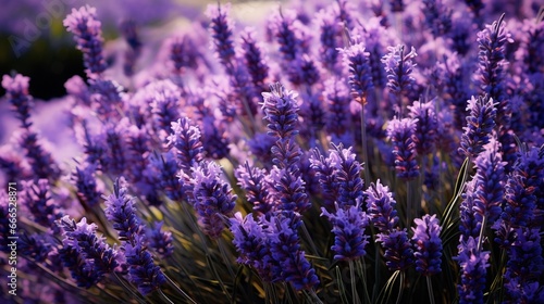 A bed of fragrant, purple lavender in full bloom, their slender spikes forming a textured pattern. Bees hover around, drawn to the sweet scent.