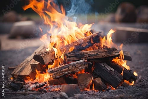 Bonfire made from fruit tree branches sawn apricot wood Preparing coals for barbecue close up selective focus