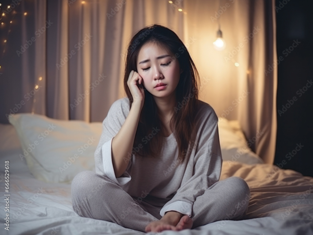 Fototapeta premium A young woman sat sadly in her pajamas on her bed