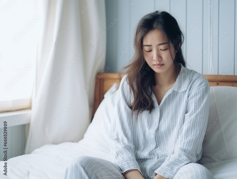 A young woman sat sadly in her pajamas on her bed