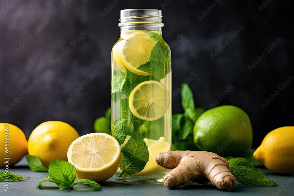 Detox water with lemon lime ginger and mint in a sports bottle along with sliced lemons ginger and lime Detox water with lemon lime ginger and mint in a sports bottle along with sliced lemons ginger and lime