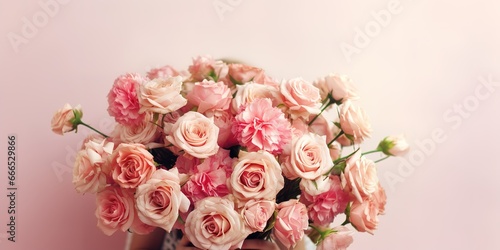 a bouquet of pink roses on a pink background © candra