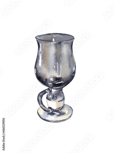 Empty transparent glass for mulled wine on the stem. Watercolor illustration isolated on a white background.
