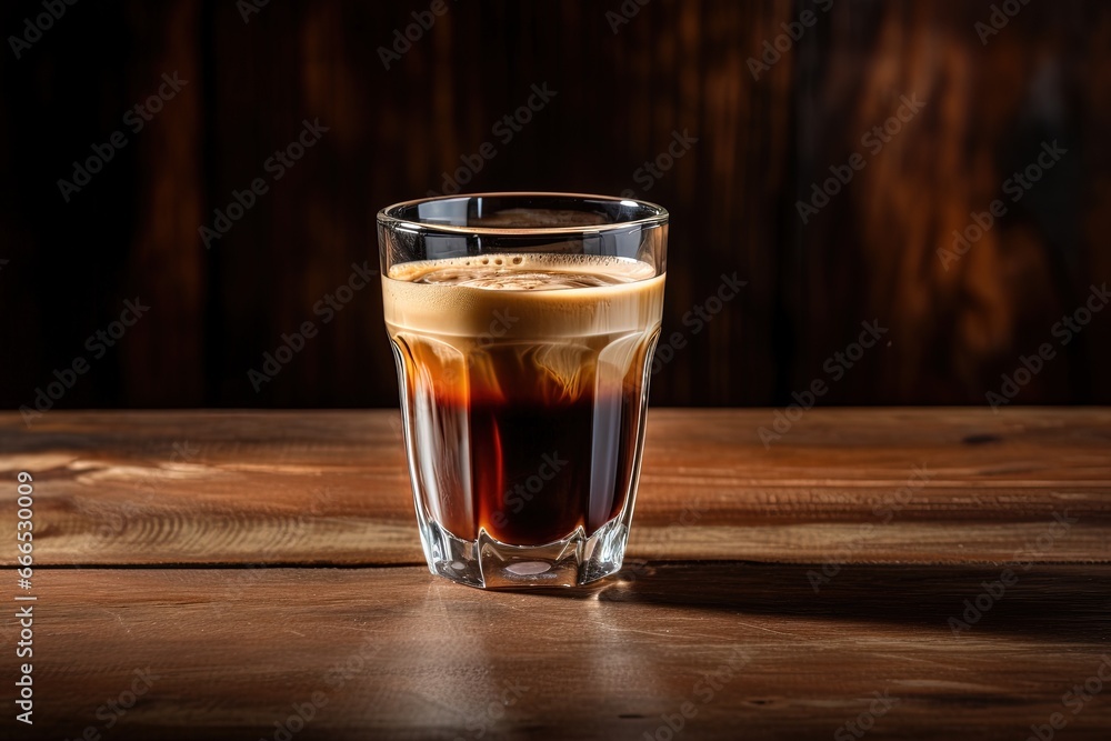 Espresso on wooden table in a glass Espresso on wooden table in a glass