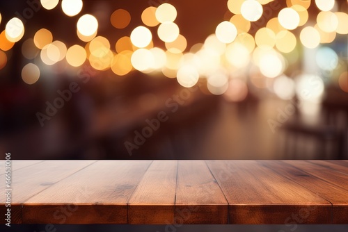 Empty wooden table in coffee shop for product display or montage