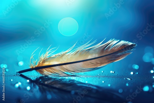 Expressive artistic image of a black bird feather with water drops against a bright blue turquoise background and elegant lighting
