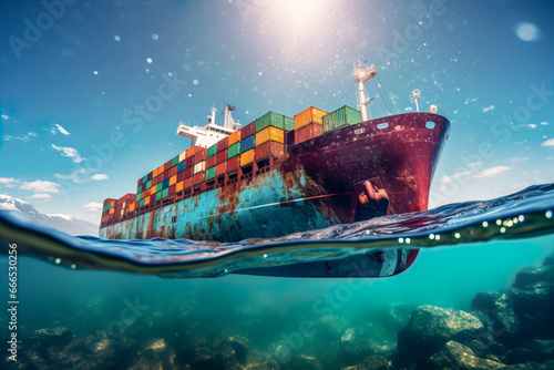 Generative AI illustration with picturesque of old loaded cargo ship sailing on turbulent wavy sea under clear skies background photo
