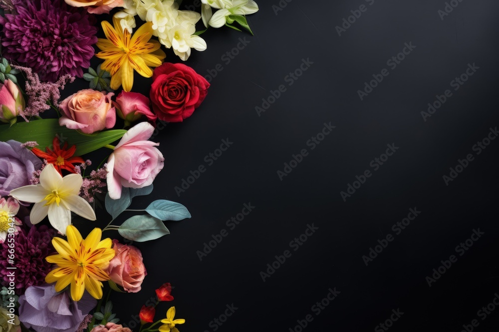 Flowers on black background top view with space for text
