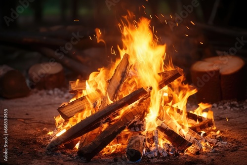 Forest bonfire close up flames