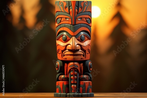 A carved Native American totem isolated on a sunset gradient background 