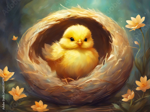  A cute little chick in a bird's nest.