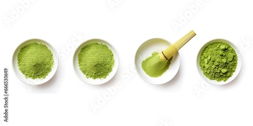 Matcha tea powder with spoon on white background