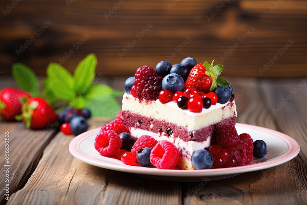 Fruit filled raspberry cake on wooden background Text space available Fruit filled raspberry cake on wooden background Text space available