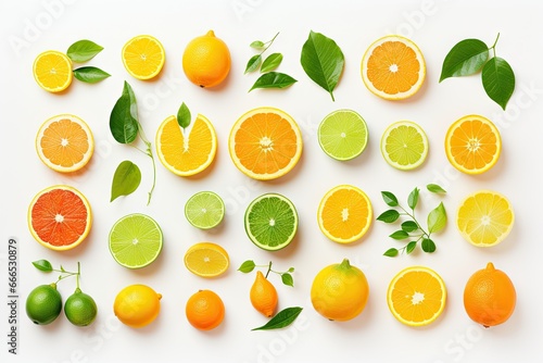 Fruit mix with isolated leaves Orange lemon lime Collection