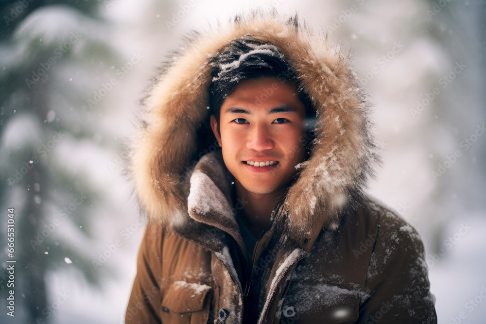 Generative AI illustration of portrait of asian male in casual warm clothes standing and looking at camera while smiling against blurred background in snowy day in winter Generative AI illustration of portrait of asian male in casual warm clothes standing and looking at camera while smiling against blurred background in snowy day in winter