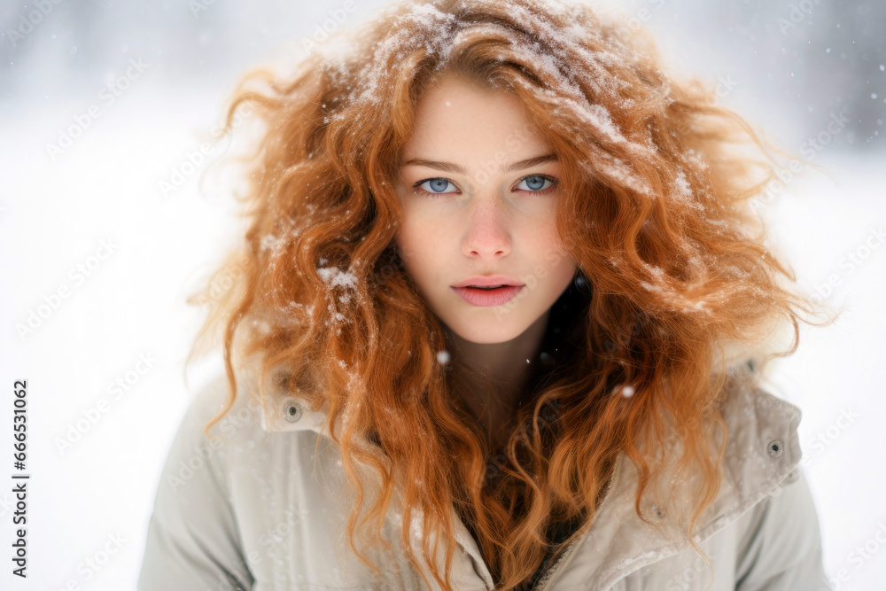 Generative AI illustration of portrait of redhead female with blue eyes and curly hair in casual warm clothes standing and looking at camera against blurred background in snowy day in winter Generative AI illustration of portrait of redhead female with blue eyes and curly hair in casual warm clothes standing and looking at camera against blurred background in snowy day in winter