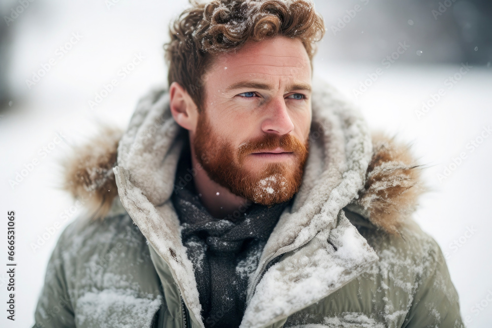 Generative AI illustration of portrait of redhead male with blue eyes in casual warm clothes standing and looking away against blurred background in snowy day in winter Generative AI illustration of portrait of redhead male with blue eyes in casual warm clothes standing and looking away against blurred background in snowy day in winter