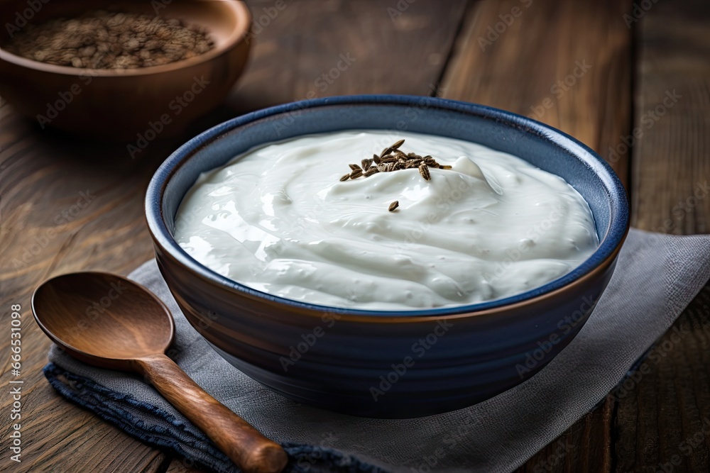 Greek yogurt served in a ceramic bowl with wooden spoons on a rustic background Greek yogurt served in a ceramic bowl with wooden spoons on a rustic background