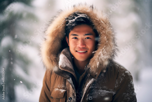 Generative AI illustration of portrait of asian male in casual warm clothes standing and looking at camera while smiling against blurred background in snowy day in winter photo