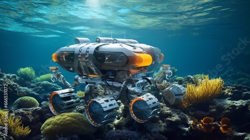An autonomous underwater vehicle exploring a vibrant coral reef, capturing images of marine life in its natural habitat
