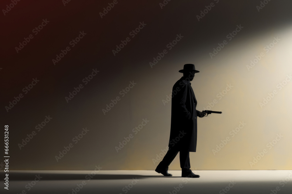 Silhouette of a male killer or policeman in a hat with a gun on a light background Silhouette of a male killer or policeman in a hat with a gun on a light background