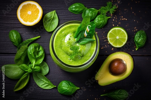 Green smoothie with avocado fruits and spinach on a wooden background a view from above Promoting detox diet clean eating vegetarianism veganism fitness