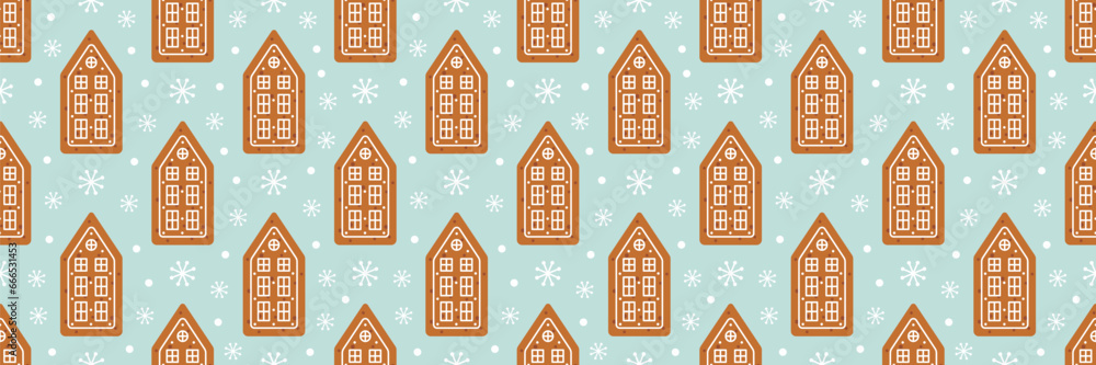 Christmas seamless pattern with gingerbread. Holiday winter background with gingerbread houses. Flat vector illustration.