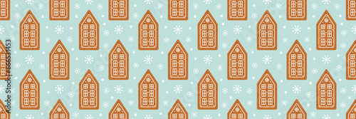 Christmas seamless pattern with gingerbread. Holiday winter background with gingerbread houses. Flat vector illustration.
