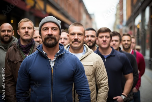 Large group of men participating in Movember charity walk in city 
