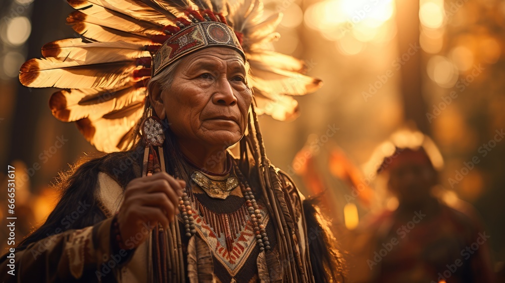 Native American tribal chief in traditional ceremonial regalia performing ancestral dance  - obrazy, fototapety, plakaty 