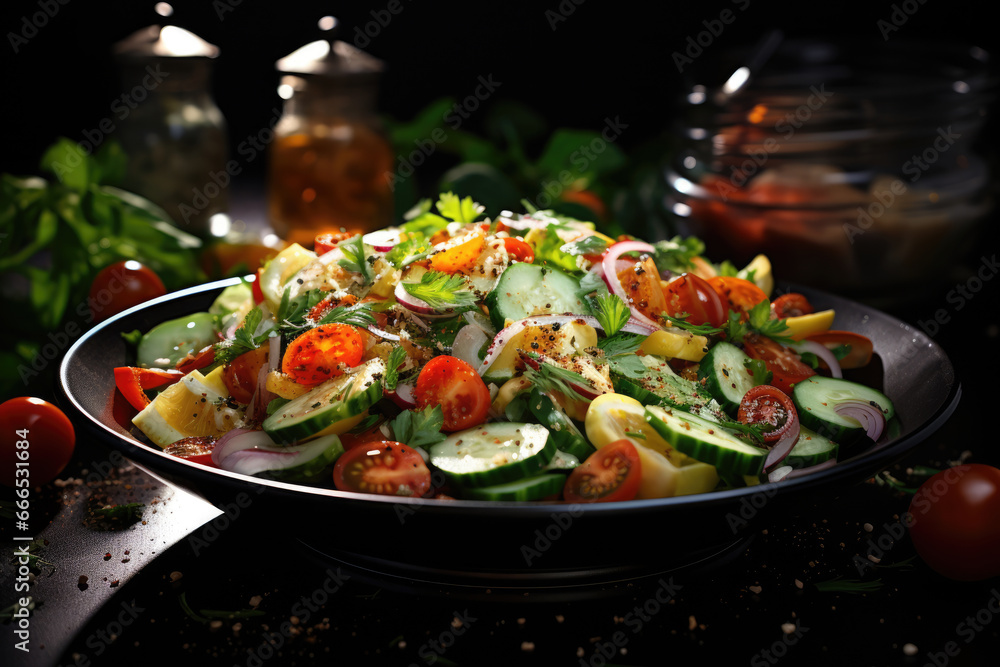 Healthy vegetable salad with fresh cucumbers, tomatoes and herbs Healthy vegetable salad with fresh cucumbers, tomatoes and herbs