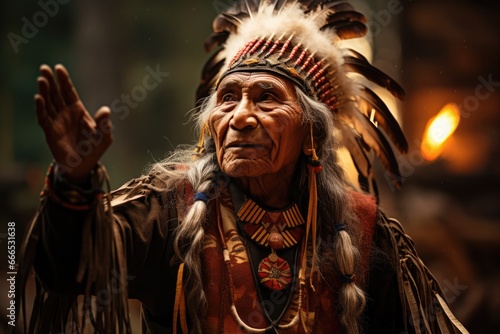 Native American tribal chief in traditional ceremonial regalia performing ancestral dance  photo
