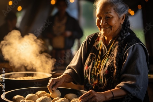 Native American woman cooking traditional cornbread for Heritage Month celebration 