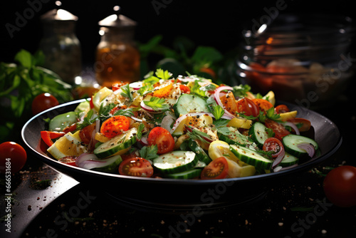 Healthy vegetable salad with fresh cucumbers, tomatoes and herbs