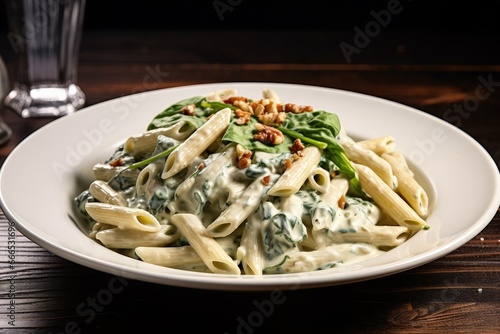 Healthy Whole Wheat Penne pasta with spinach walnut and Gorgonzola sauce photo