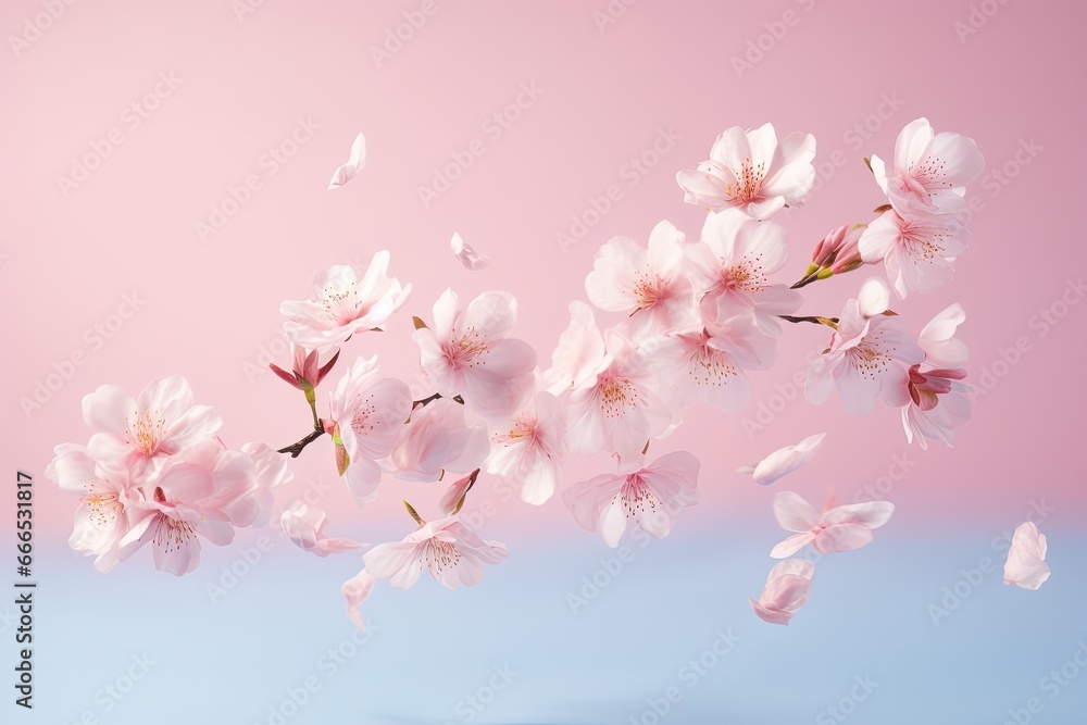 High resolution image of pink flowers levitating on a pastel pink background capturing the essence of spring