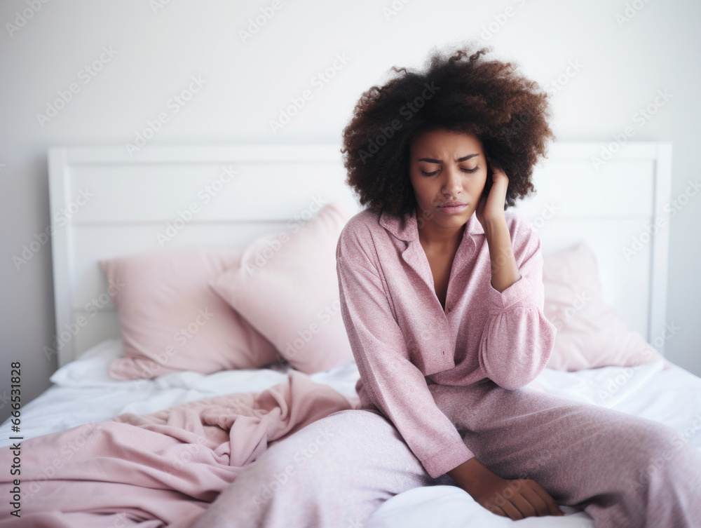 A young woman sat sadly in her pajamas on her bed A young woman sat sadly in her pajamas on her bed
