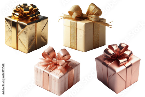 Pacchi regalo incartati con wrapping dorato e rosa, isolati e trasparenti photo