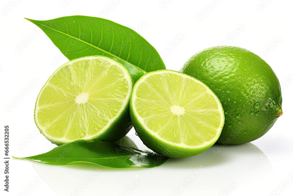 Isolated on white background green leaf fresh lime with water droplets and slices Isolated on white background green leaf fresh lime with water droplets and slices